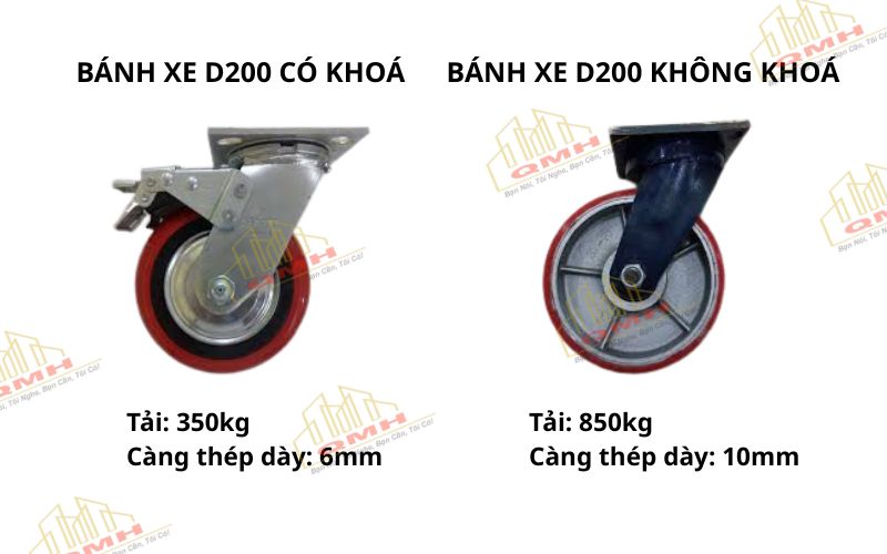 Bánh xe d200 có khoá và không khoá