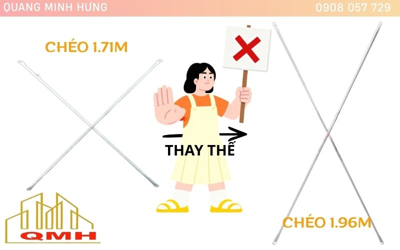 Chéo 1.71m thay thế 1.96m được không?
